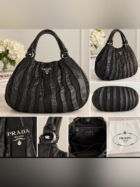 Edgy Vintage Prada Black leather nylon Shoulder Hobo shoulder bag 🇮🇹luxury